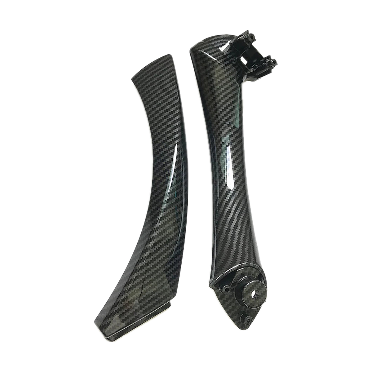 Carbon fiber look left interior door pull handle with outer cover, both pieces, for BMW E90 / E91 / E92