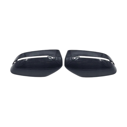 Carbon fiber look mirror caps pair, top view, for BMW 3/5/6/7/8 Series G20, G30, G11, LHD (2016-2020)