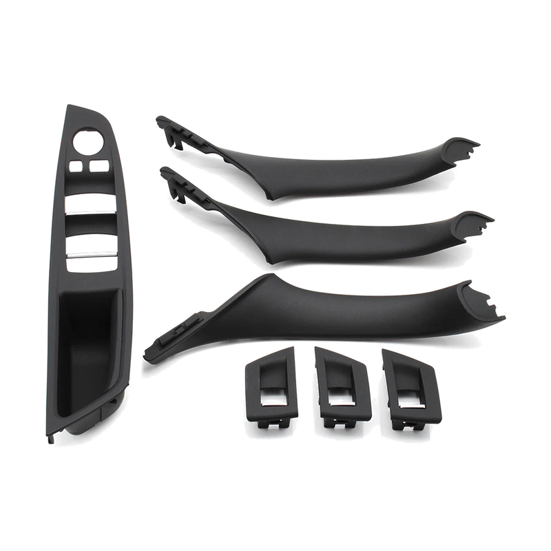 Black door pull handle and armrest trim set, left hand drive, full set view, for BMW 5 Series F10 / F11