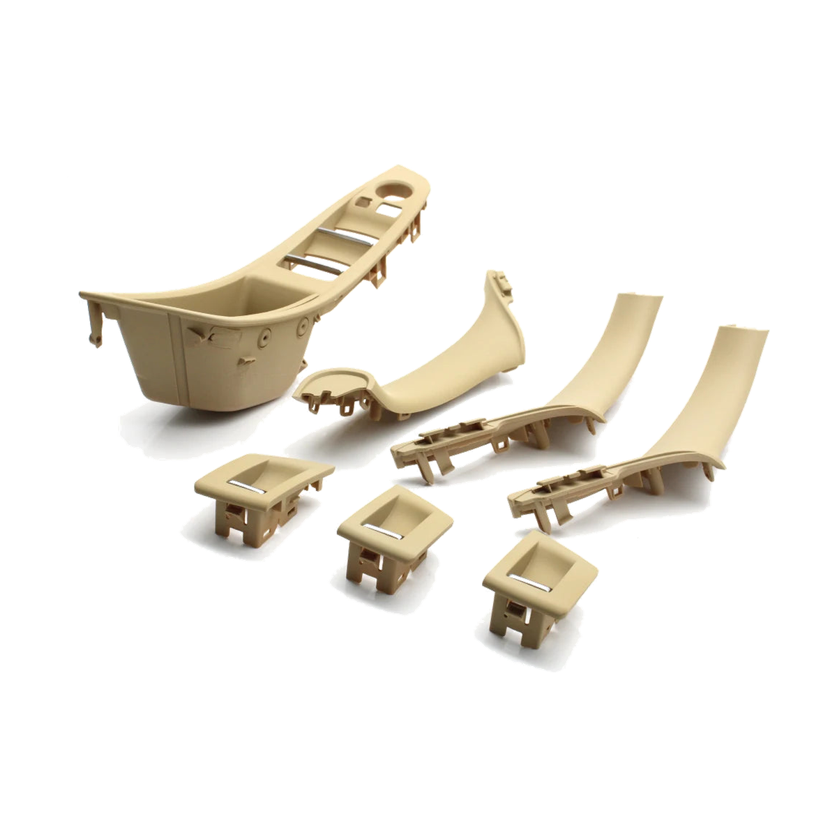 Beige door pull handle and armrest trim set, angled view of all pieces, for BMW 5 Series F10 / F11