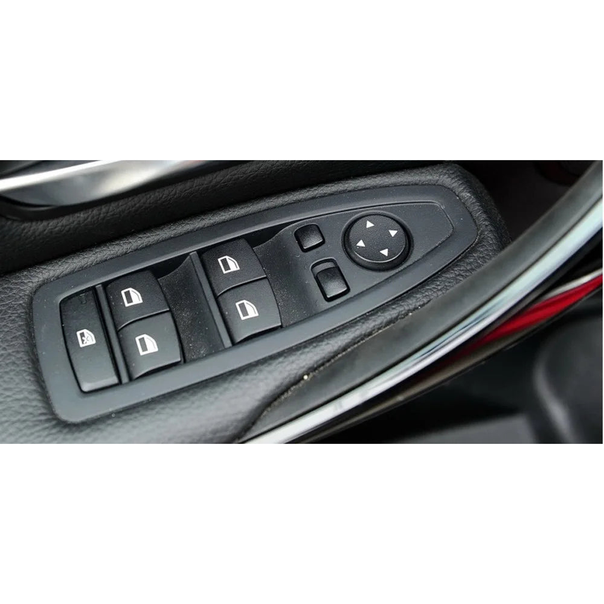 Window switch panel installed in a BMW door panel, fitted view, for BMW F-Series F20, F30, F10, F25, F01 (LHD/RHD)