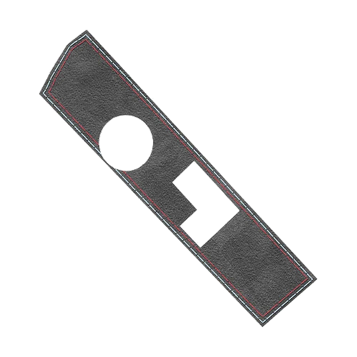 Black suede gear shift panel cover with red and blue stitching, left hand drive, flat view, for BMW G20 / G22 / G01 / G05