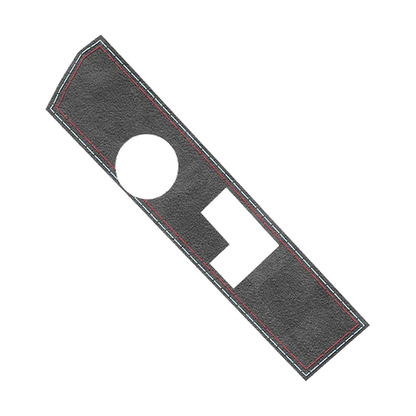 Black suede gear shift panel cover with red and blue stitching, left hand drive, flat view, for BMW G20 / G22 / G01 / G05