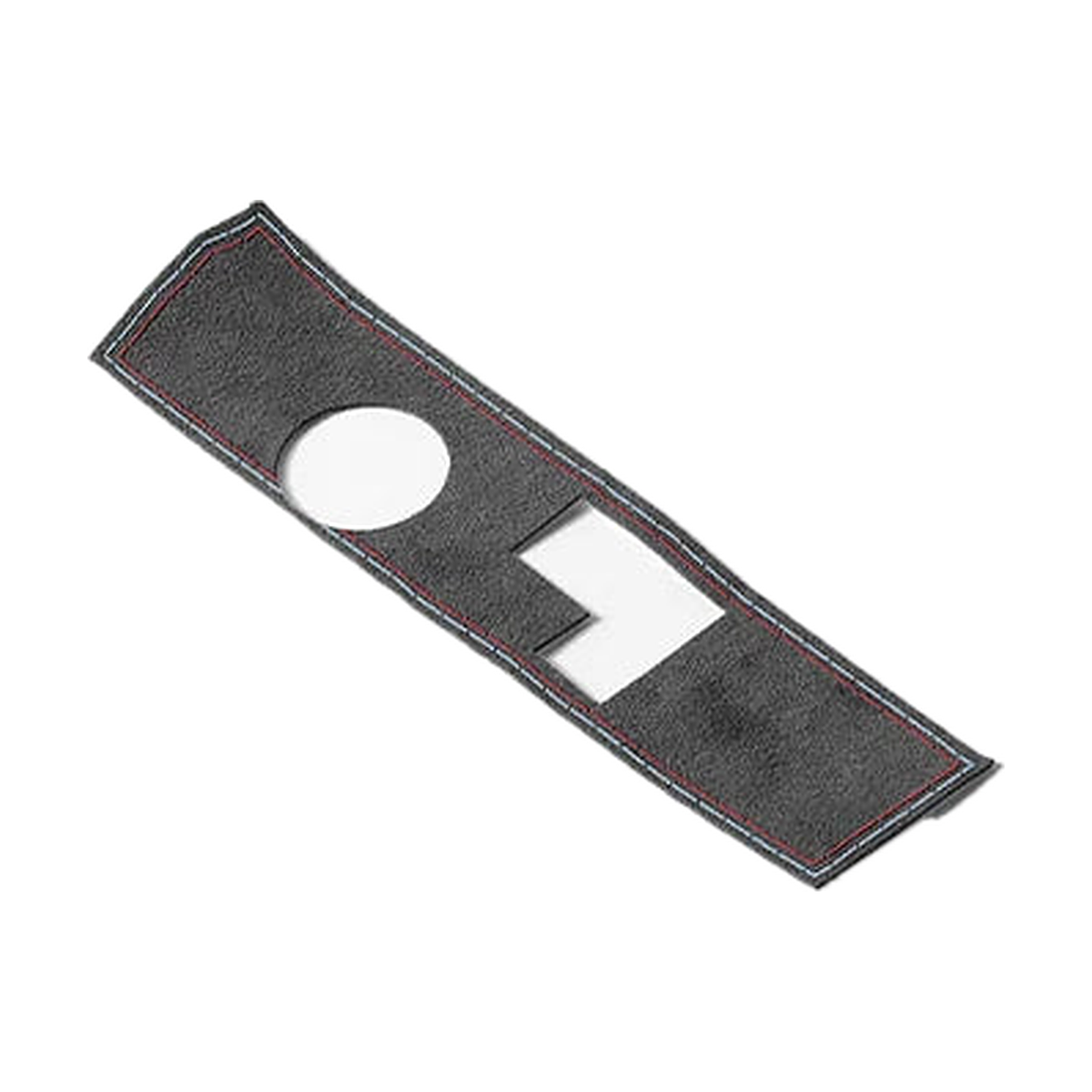 Black suede gear shift panel cover with red and blue stitching, angled view, for BMW G20 / G22 / G01 / G05