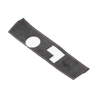 Black suede gear shift panel cover with red and blue stitching, angled view, for BMW G20 / G22 / G01 / G05