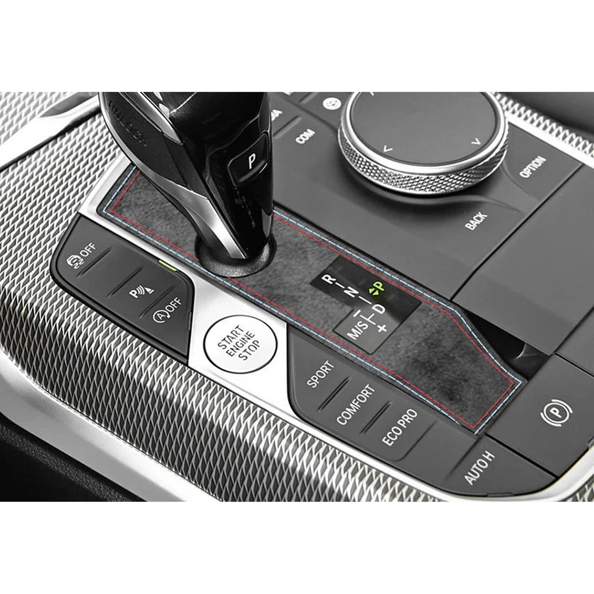 Black suede gear shift panel cover fitted around the gear selector, for BMW G20 / G22 / G01 / G05
