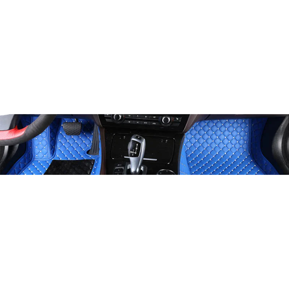 Blue custom faux leather front floor mats fitted in a BMW 4 Series F32 / G22