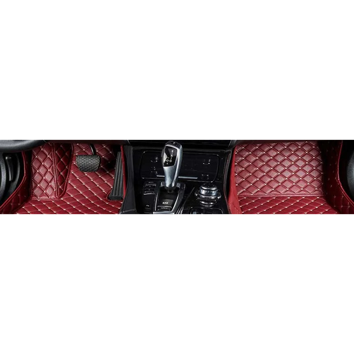 Claret red custom faux leather front floor mats fitted in a BMW 4 Series F32 / G22