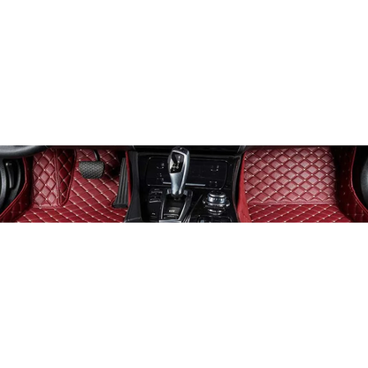 Claret red custom faux leather front floor mats fitted in a BMW 4 Series F32 / G22