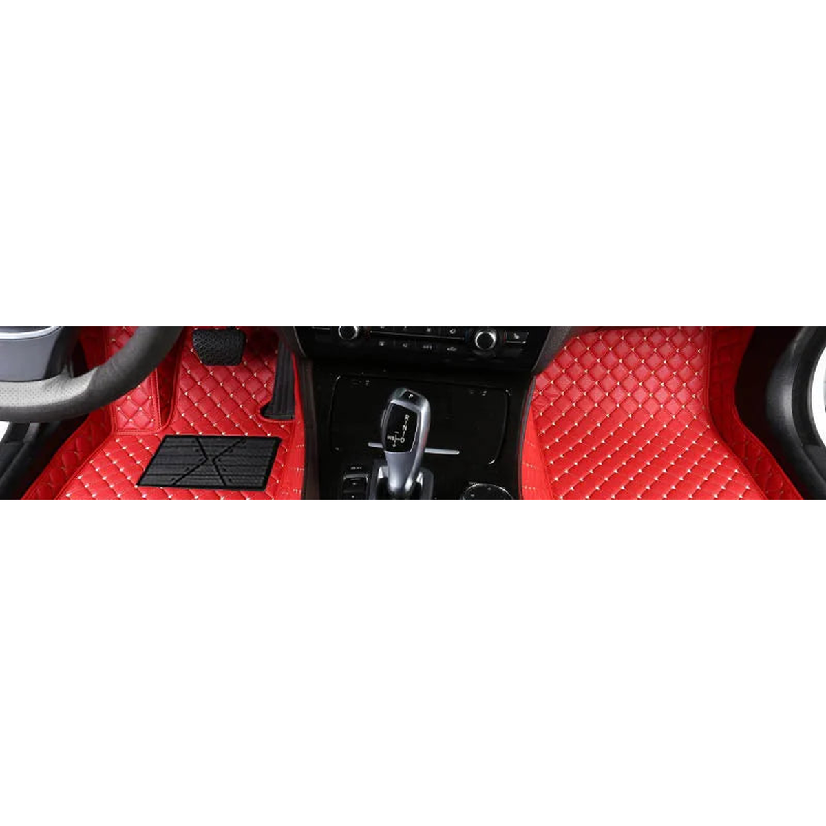 Red custom faux leather front floor mats fitted in a BMW 4 Series F32 / G22
