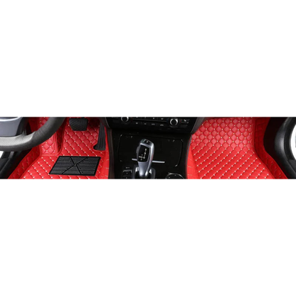 Red custom faux leather front floor mats fitted in a BMW 4 Series F32 / G22