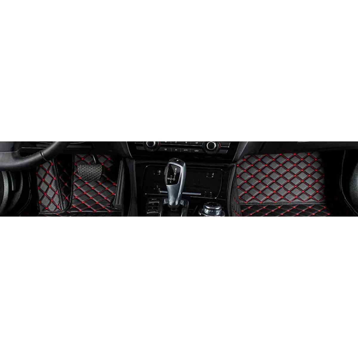 Black front floor mats with red stitching fitted in a BMW 4 Series F32 / G22