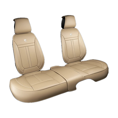 Beige faux leather rear bench seat cover set, angled view, universal fit for BMW