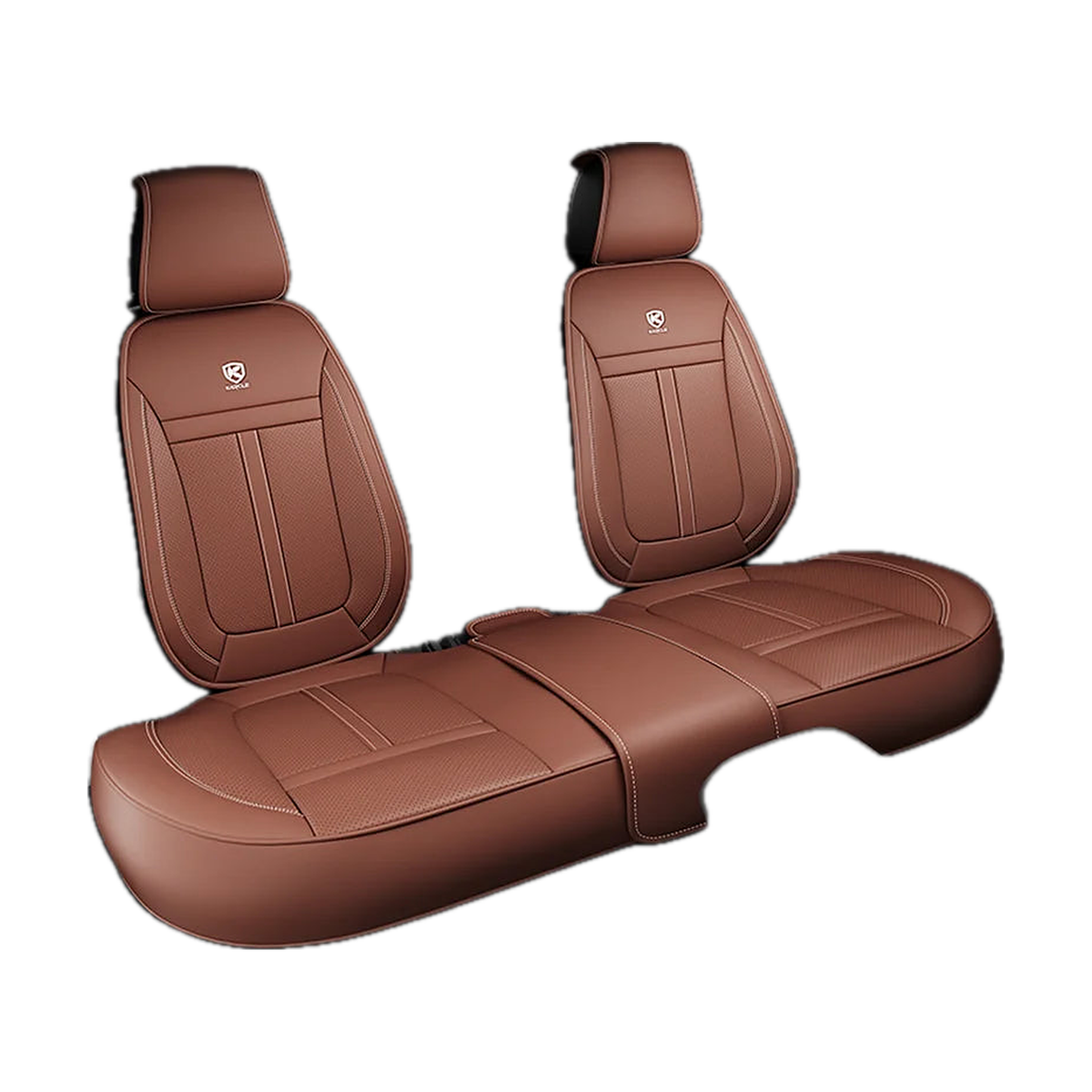 Brown faux leather rear bench seat cover set, angled view, universal fit for BMW