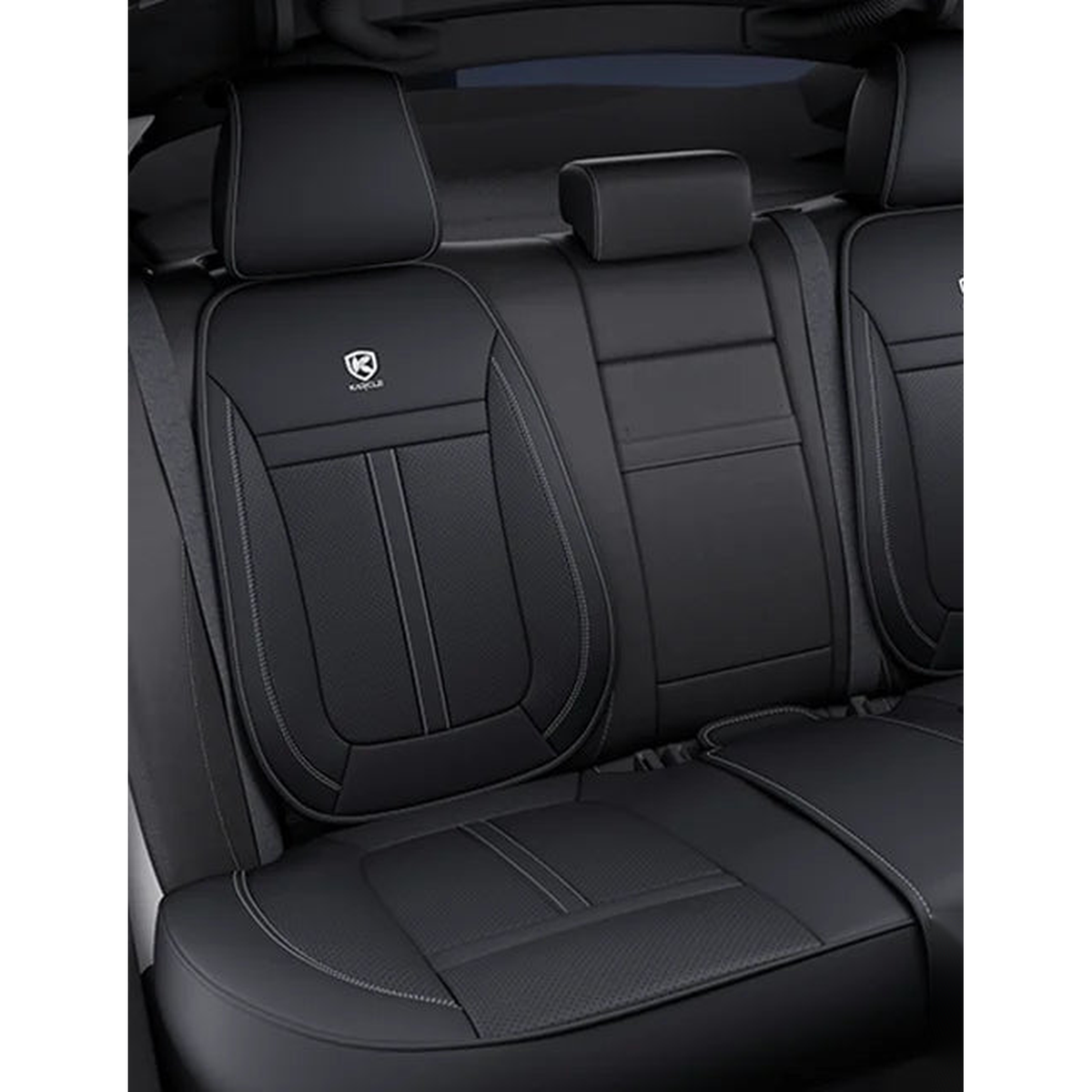 Black faux leather rear bench seat cover set, angled view, universal fit for BMW