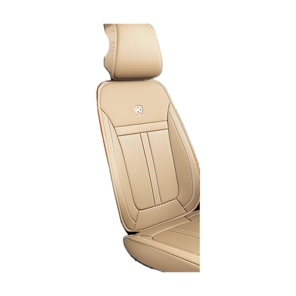 Beige faux leather front seat cover, angled view, universal fit for BMW