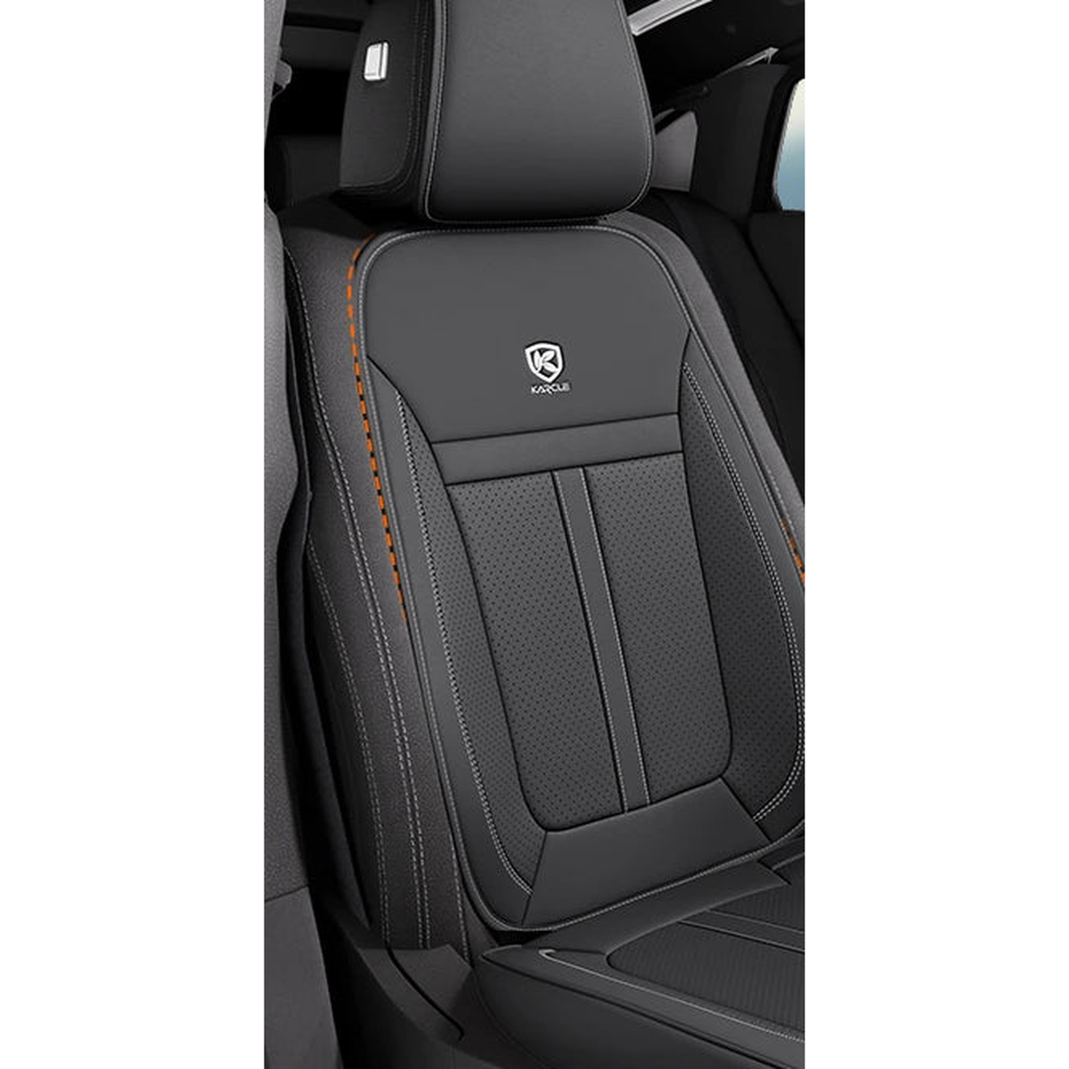 Black faux leather front seat cover, angled view, universal fit for BMW