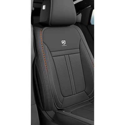 Black faux leather front seat cover, angled view, universal fit for BMW