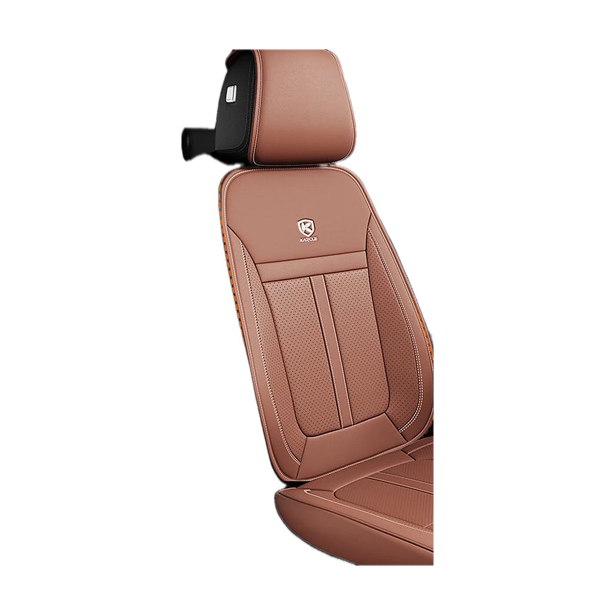 Brown faux leather front seat cover, angled view, universal fit for BMW