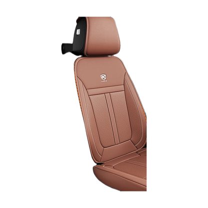 Brown faux leather front seat cover, angled view, universal fit for BMW