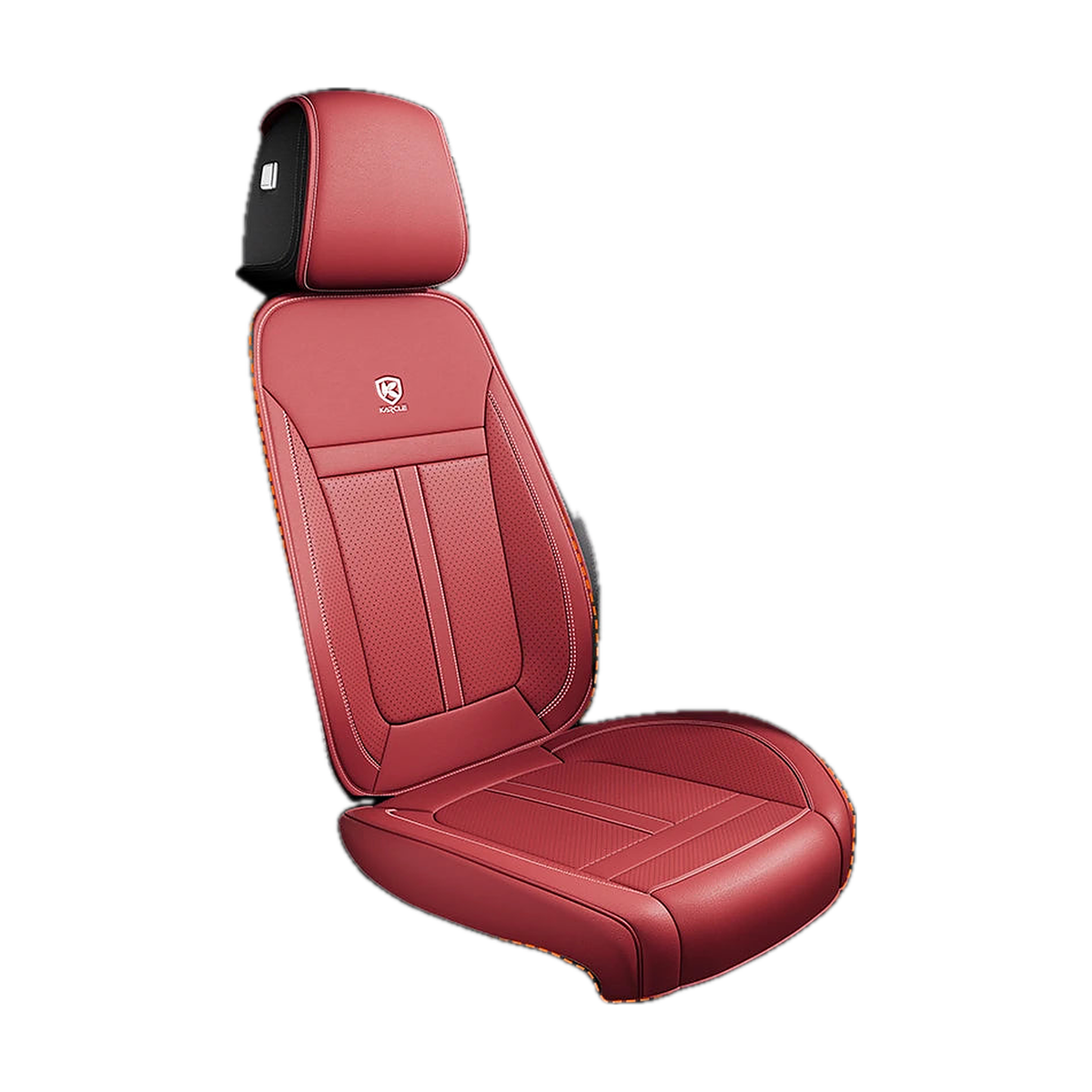 Red faux leather front seat cover, angled view, universal fit for BMW
