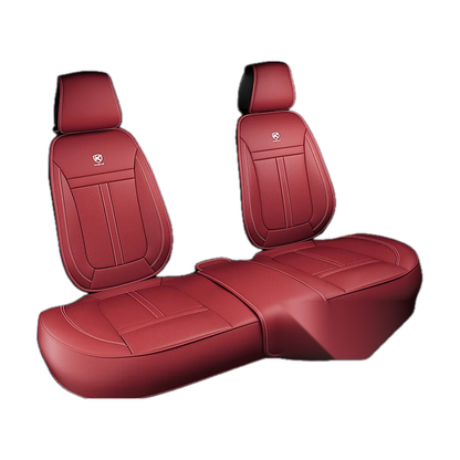 Red faux leather rear bench seat cover set, angled view, universal fit for BMW