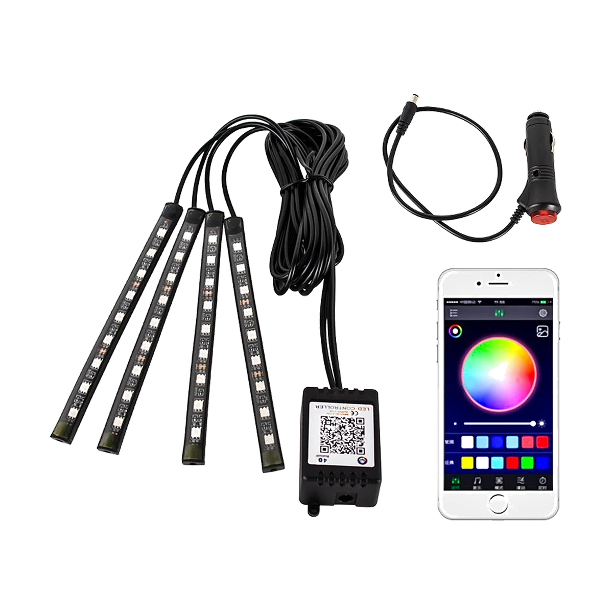 36 LED footwell ambient light strips with app control and cigarette lighter plug for BMW