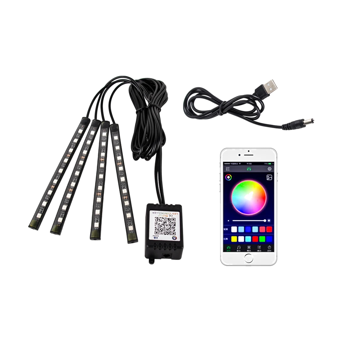 36 LED footwell ambient light strips with app control and USB plug for BMW