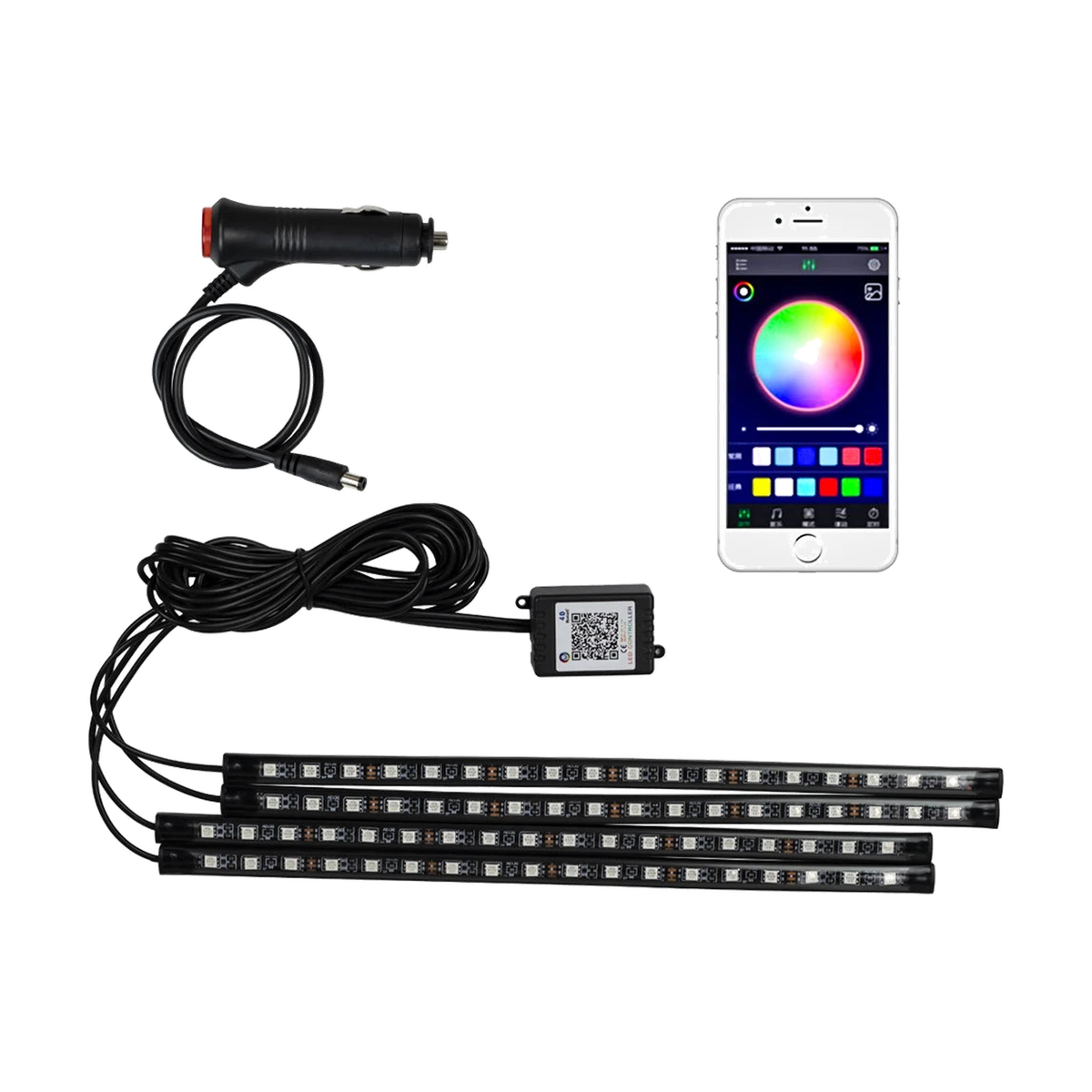 72 LED footwell ambient light strips with app control and cigarette lighter plug for BMW