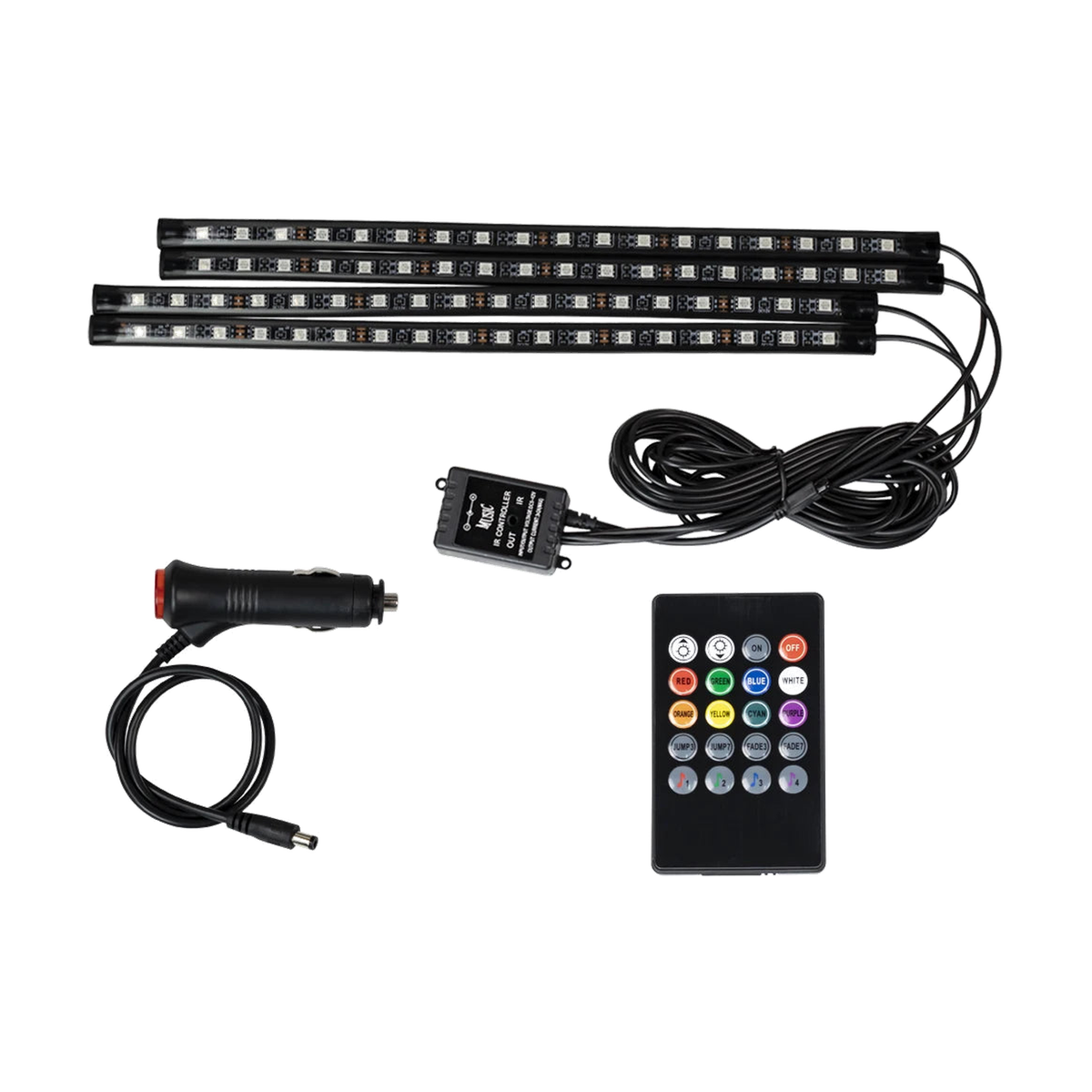 72 LED footwell ambient light strips with cigarette lighter power and remote control for BMW