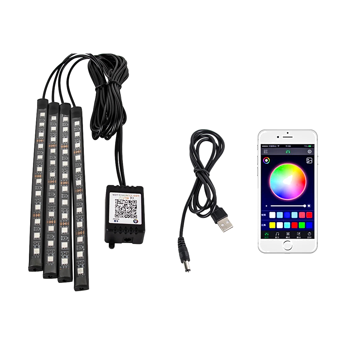 48 LED footwell ambient light strips with app control and USB plug for BMW