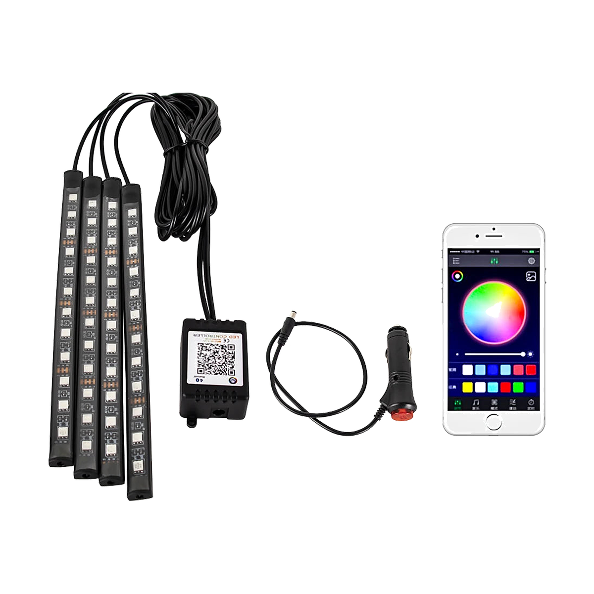 48 LED footwell ambient light strips with app control and cigarette lighter plug for BMW