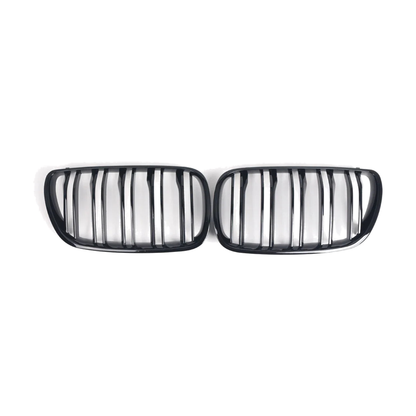 Gloss black double slat kidney grille pair, front view, for BMW X3 E83 Facelift (2007-2010)