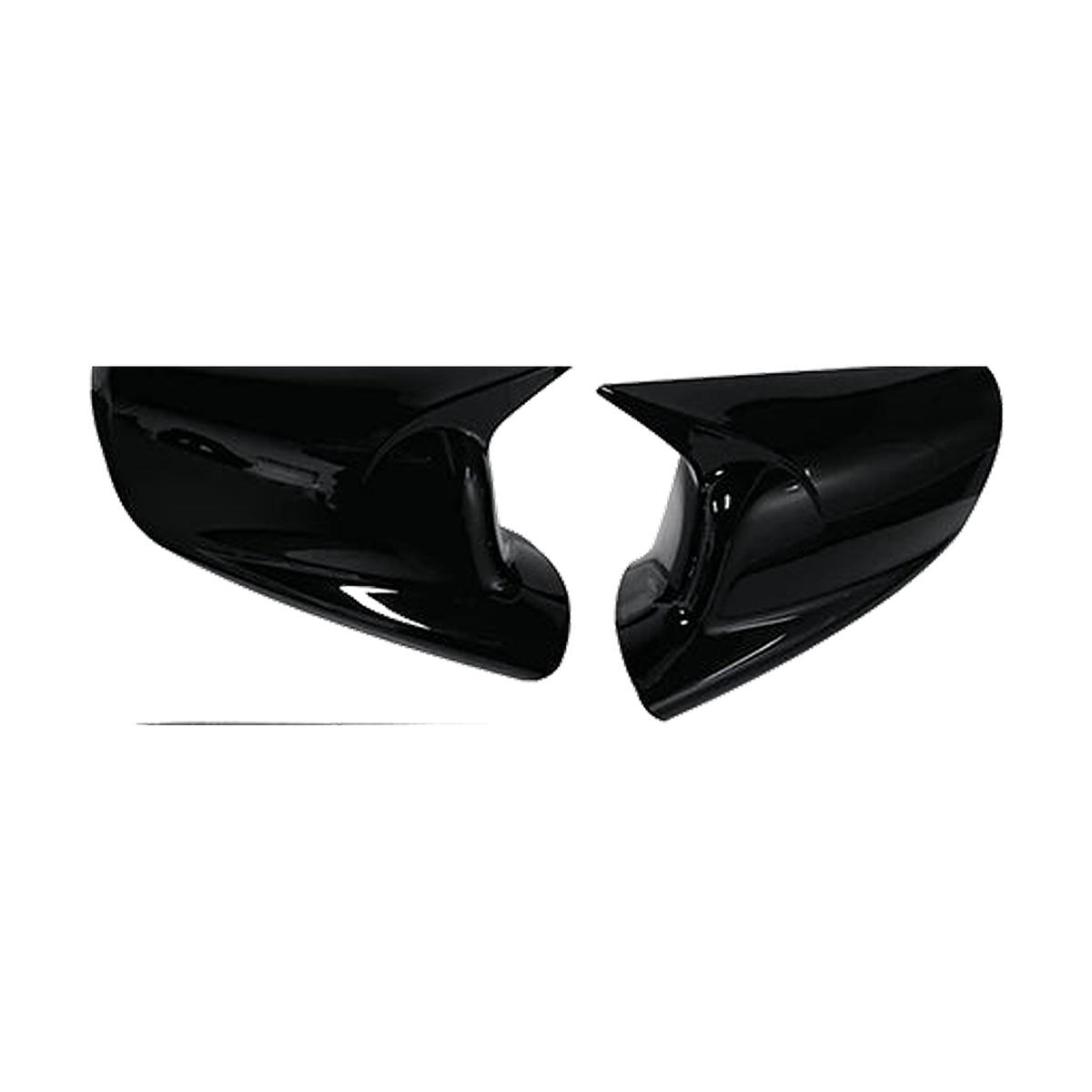 Gloss black finish mirror cap pair, angled view, for BMW E65 / E66 / E67 / E46 Coupe