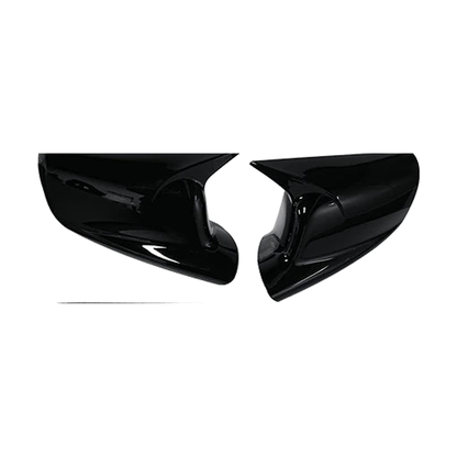 Gloss black finish mirror cap pair, angled view, for BMW E65 / E66 / E67 / E46 Coupe