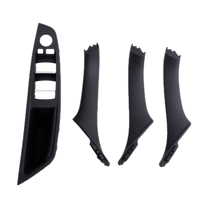 Black 4 piece armrest panel and pull handle set, front view, for BMW 5 Series F10 / F11 / F18 LHD
