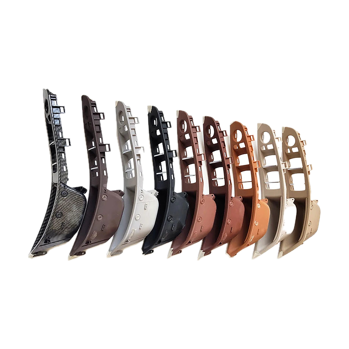 Driver armrest panels in a row of colours, rear view with mounting clips, for BMW 5 Series F10 / F11 / F18 LHD
