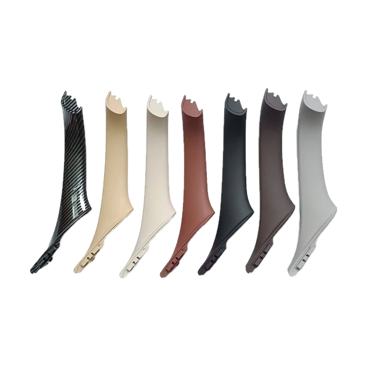 Inner door pull handle trims in seven finishes, side by side, for BMW 5 Series F10 / F11 / F18 LHD