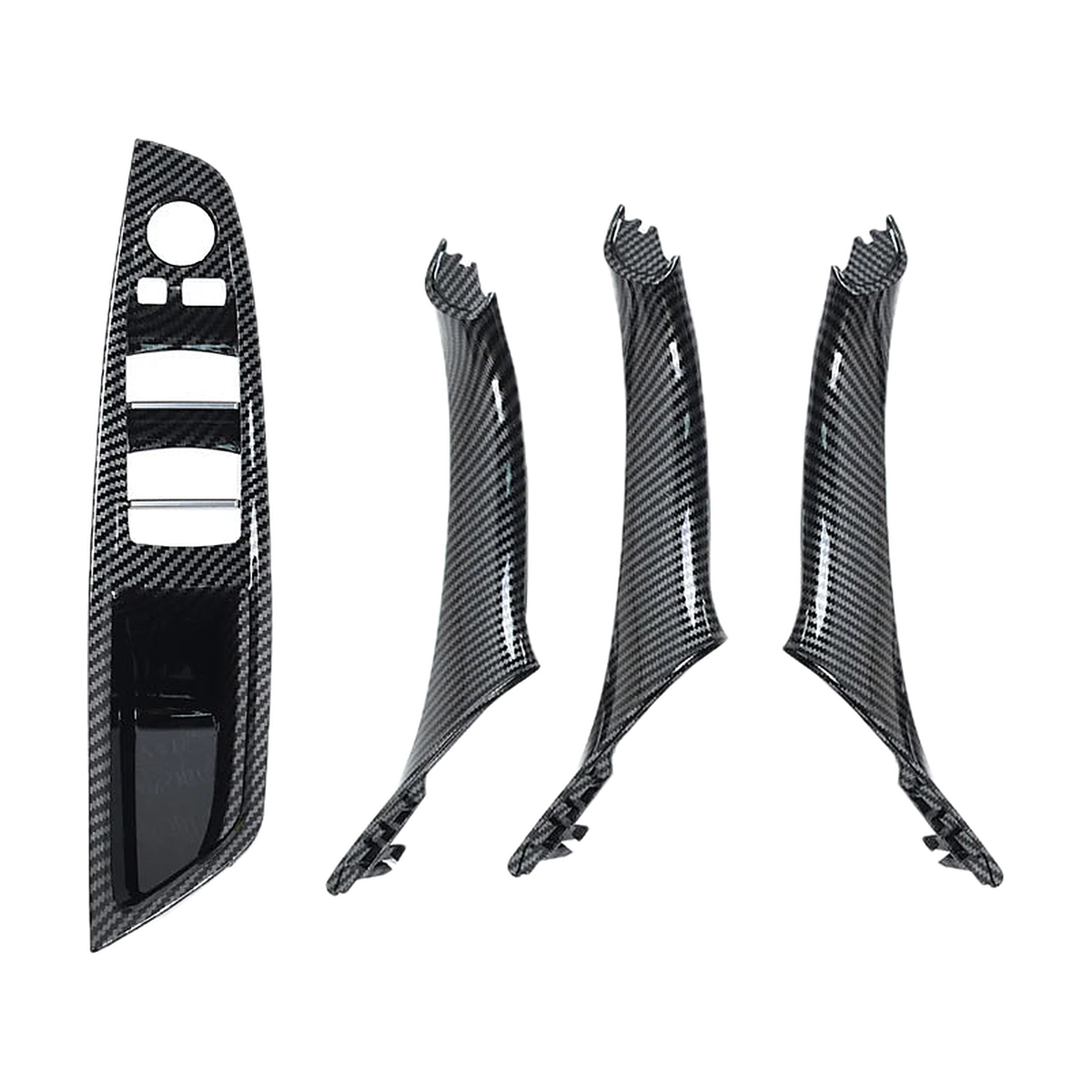 Carbon fiber look 4 piece armrest panel and pull handle set, front view, for BMW 5 Series F10 / F11 / F18 LHD