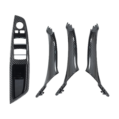 Carbon fiber look 4 piece armrest panel and pull handle set, front view, for BMW 5 Series F10 / F11 / F18 LHD