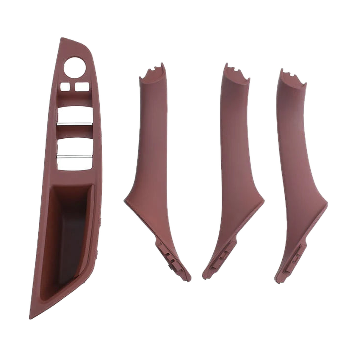 Red brown 4 piece armrest panel and pull handle set, front view, for BMW 5 Series F10 / F11 / F18 LHD