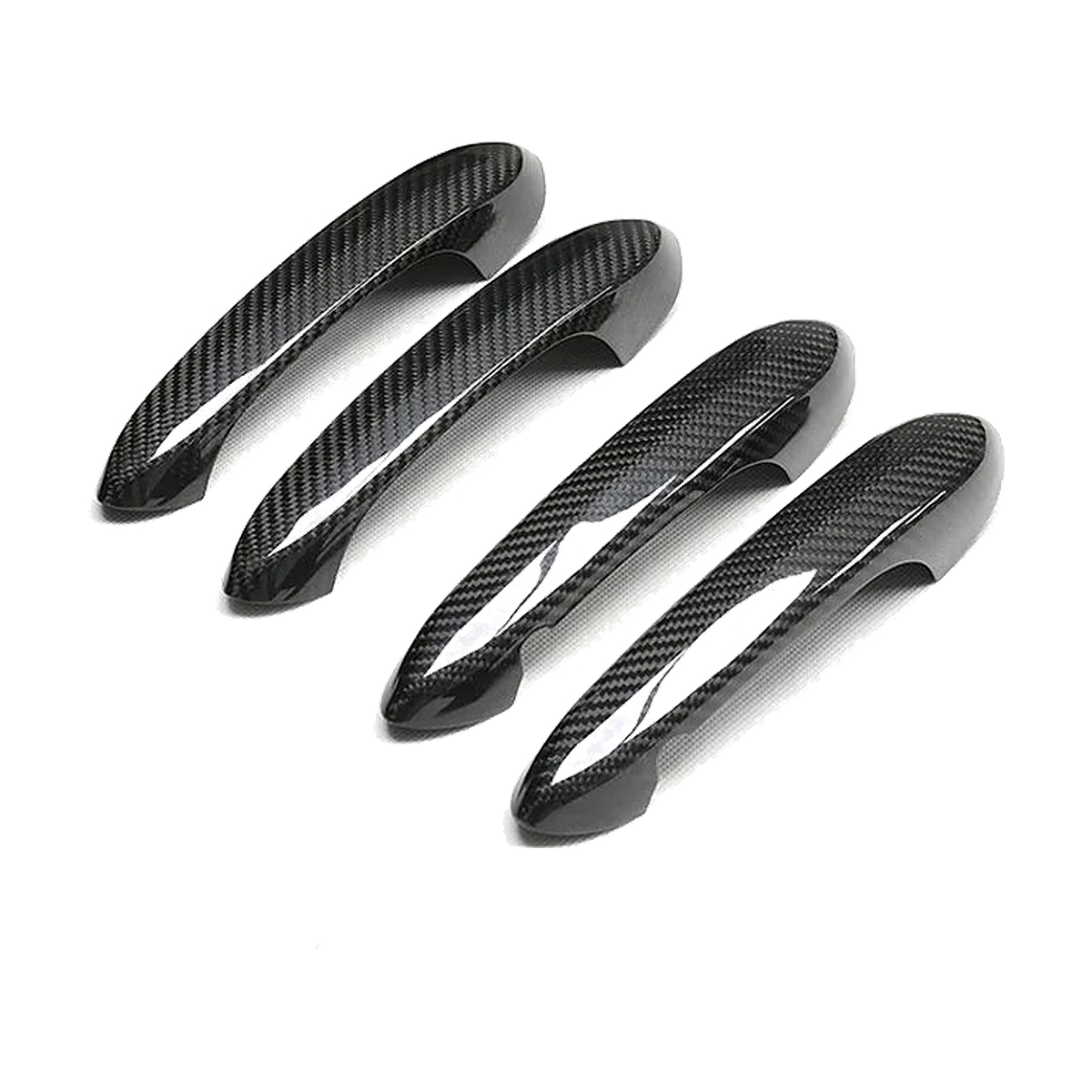 Carbon fiber door handle covers, 4 door set, angled view, for BMW G20, G22, G30, G01, G05, G07