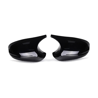 Gloss black mirror caps pair, angled view, for BMW 1/3 Series E81, E87, E90, E92 (2004-2013)