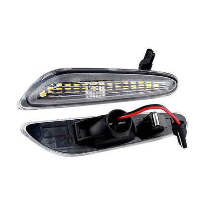 Clear lens LED side marker indicators, static mode, front and rear view for BMW E46, E60, E90, E92, E83, E84 (2002-2015)