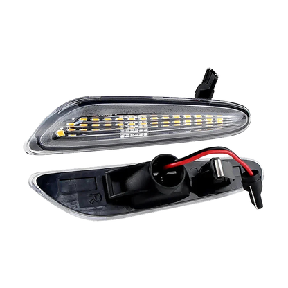 Clear lens LED side marker indicators, sequential mode, front and rear view for BMW E46, E60, E90, E92, E83, E84 (2002-2015)