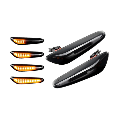 Smoked amber lens LED side marker indicators, sequential flash stages, pair for BMW E46, E60, E90, E92, E83, E84 (2002-2015)