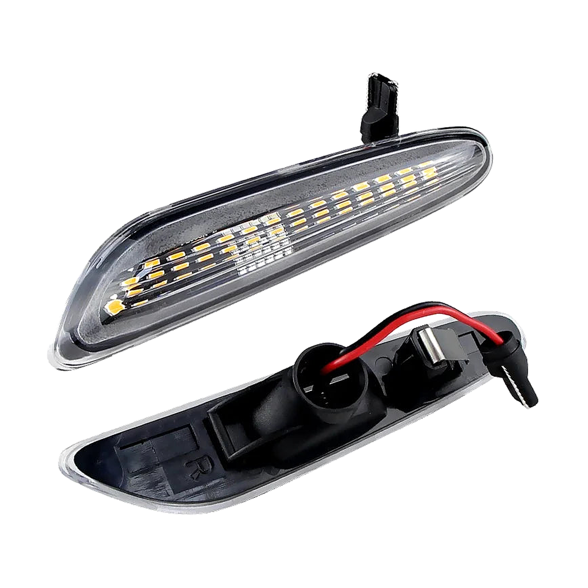 Clear lens LED side marker indicator detail, front and rear view for BMW E46, E60, E90, E92, E83, E84 (2002-2015)