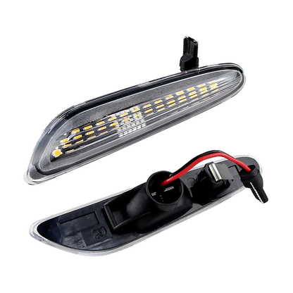 Clear lens LED side marker indicator detail, front and rear view for BMW E46, E60, E90, E92, E83, E84 (2002-2015)