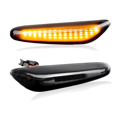 Smoked amber lens LED side marker indicator, lit and unlit angle view for BMW E46, E60, E90, E92, E83, E84 (2002-2015)