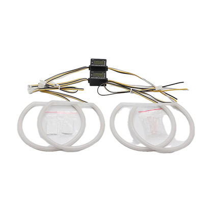 White and yellow switchback angel eye halo kit with two control modules and fitting bags, for BMW 3 Series E46 (1998-2006)